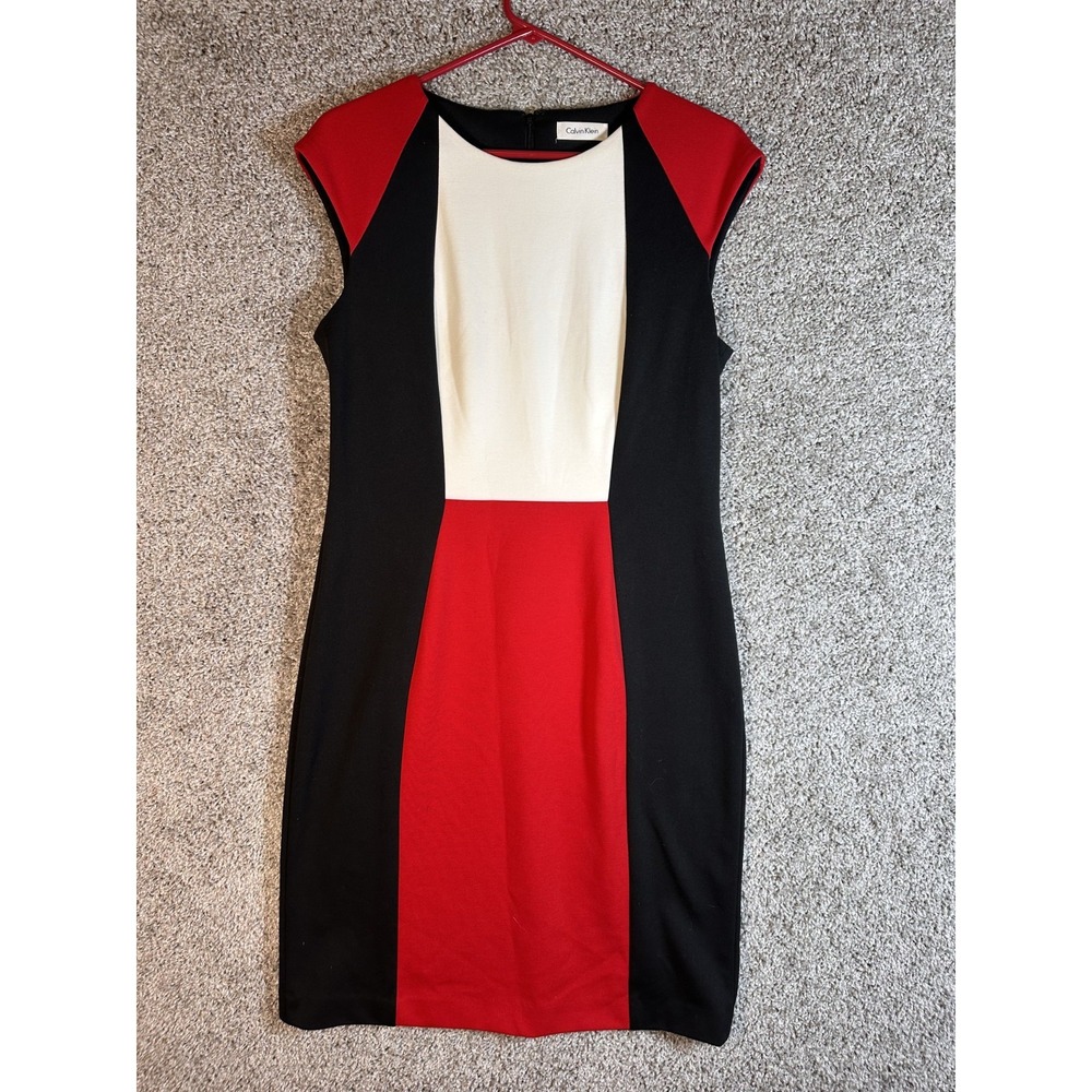 Calvin Klein Colorblock Sheath Dress Sz S Black Red Cap Sleeves Business Office